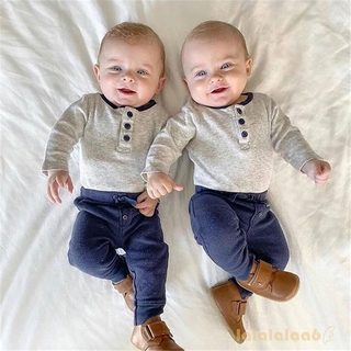 Jumpsuit Tay Dài Phối Nút + Quần Dài Màu Trơn Cho Bé Trai