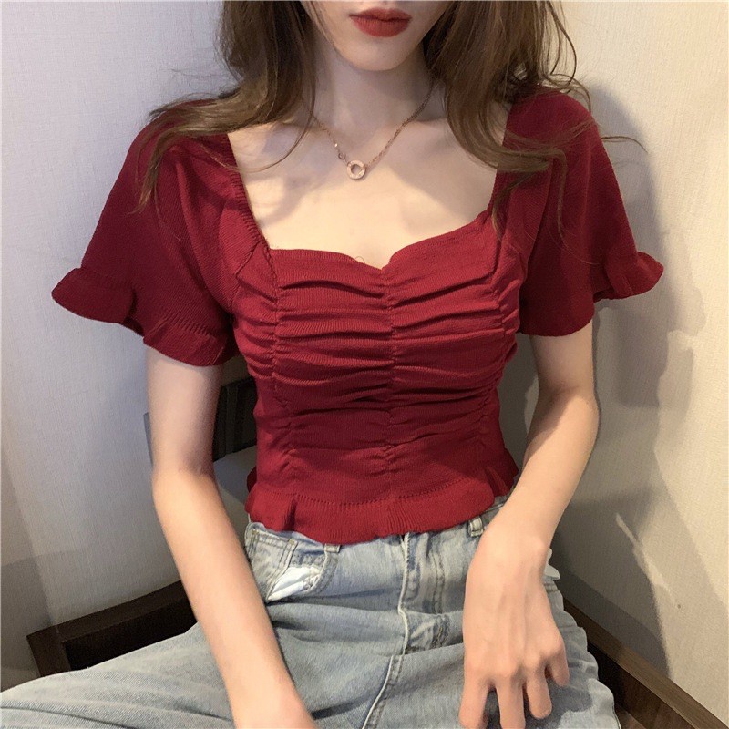 Áo thun dệt kim cổ vuông tay ngắn màu trơn thiết kế hợp thời trang cho nữ
