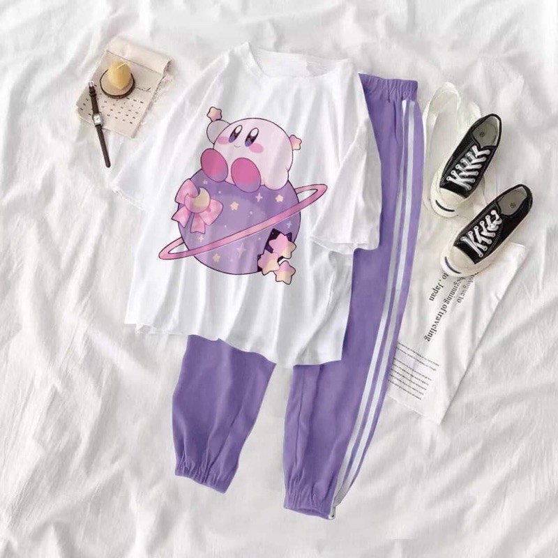 Set áo thun tay lỡ thỏ béo hành tinh sao + quần bo gấu màu tím 2 sọc trắng