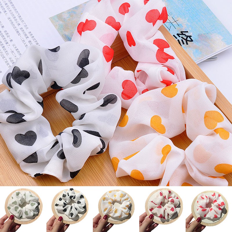 Dây Buộc Tóc Vải Chiffon Co Giãn In Hình Trái Tim