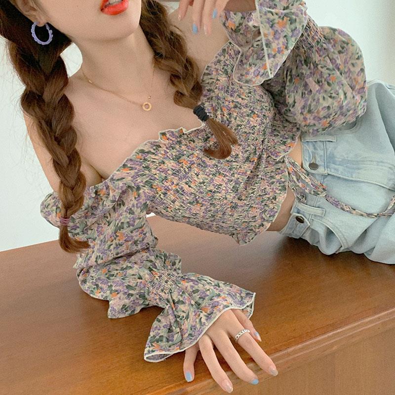 AMOI Áo Voan Cổ Vuông Họa Tiết Hoa Nhỏ Phong Cách Pháp Cổ Điển Dành Cho Nữ