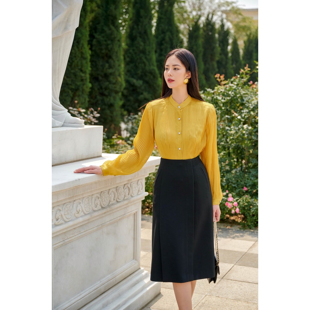 Áo sơ mi tơ tằm vàng dập li toàn thân HUONG BOUTIQUE HBSM951