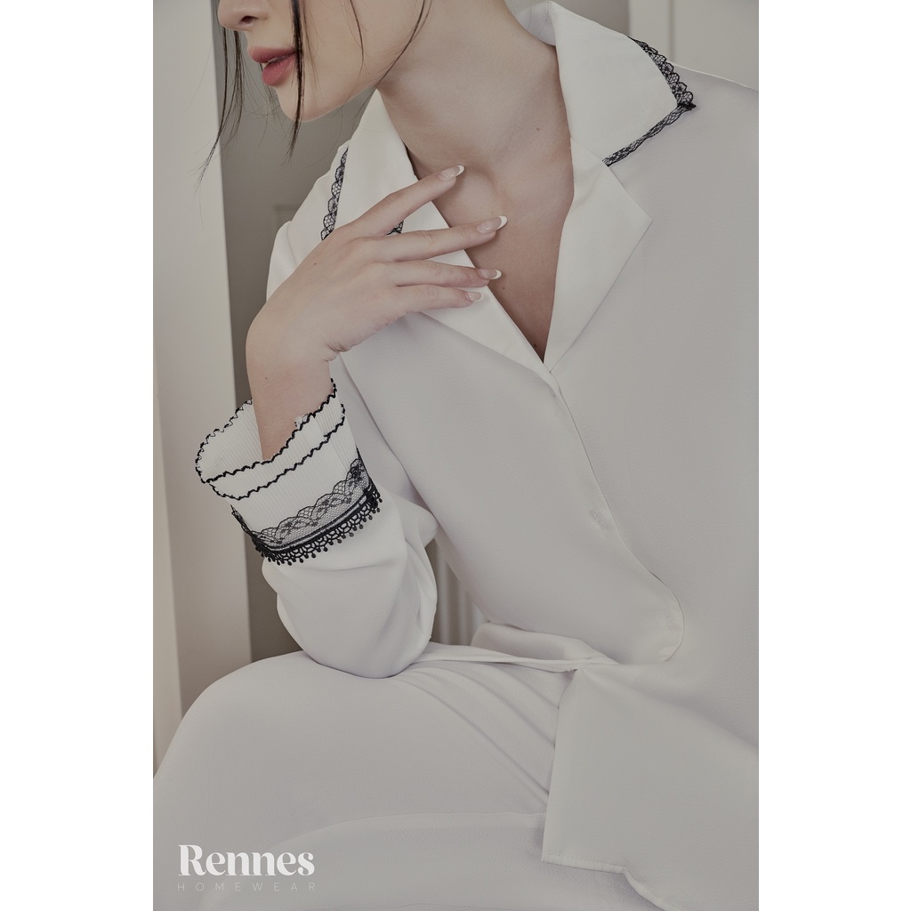Set đồ ngủ pyjama lụa dài tay viền ren Rennes, chất lụa cao cấp tôn dáng, mềm mịn-RSE002