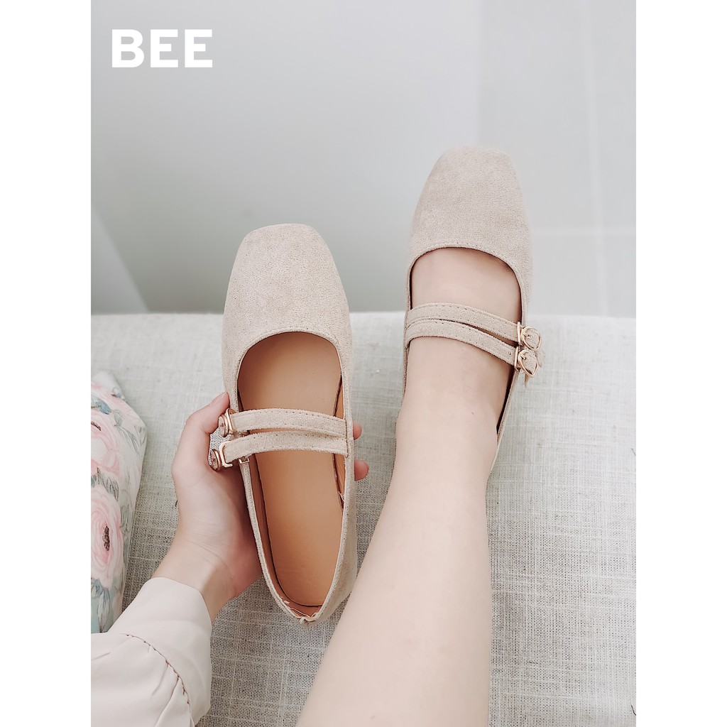 BEESHOES - GIÀY BÚP BÊ NỮ MŨI VUÔNG DẾ BẰNG ĐI SIÊU ÊM SIÊU MỀM - GIÀY NỮ 2 QUAI NGANG ĐI ÔM CHÂN  MÀU ĐEN-BE