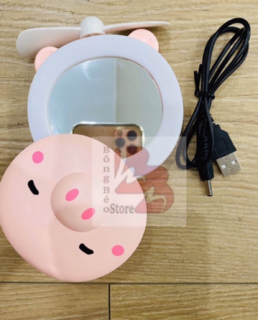 Quạt theo gương 3in1 hình GẤU- HEO hồng