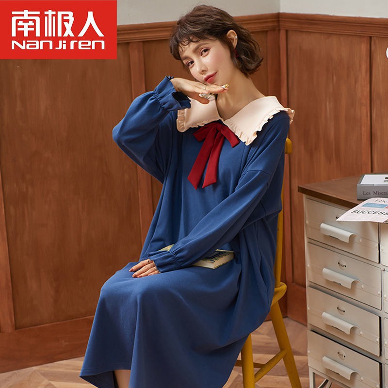 Váy ngủ dài tay cho phụ nữ 2021 bộ đồ mới mùa xuân, thu và đông cotton dễ thương cỡ lớn Snow White lưới màu đỏ nó