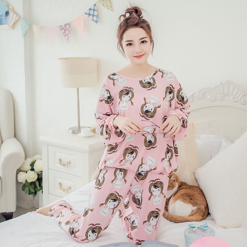 xiaohan korea women sleepwear autumn spring nightwear sets pyjamas Long sleeve Large size loose round neck pajama suit | BigBuy360 - bigbuy360.vn