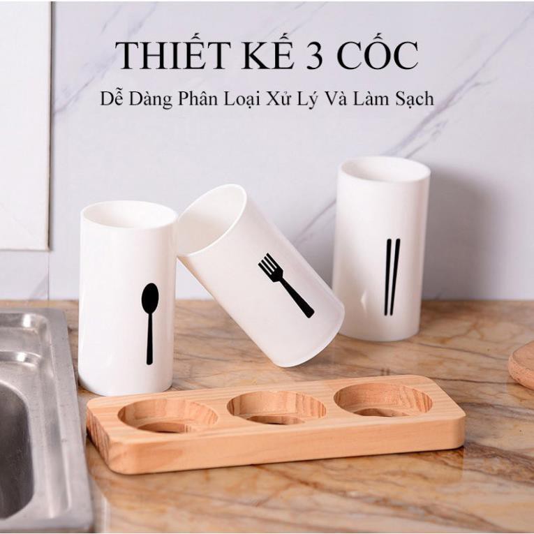 Set 3 ống đựng đũa thìa ráo nước đa năng tiện ích để bàn đế gỗ sồi tự nhiên TT-HOME