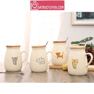 Cốc sứ hình mèo nhiều mẫu cute, cốc thông điệp tiếng anh kèm nắp gỗ và thìa, cốc uống nước dễ thương
