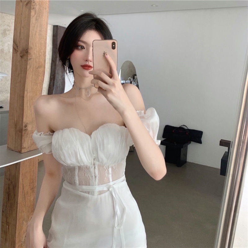 Đầm Cúp Ngực Trễ Vai Dáng Dài Rút Dây Bên