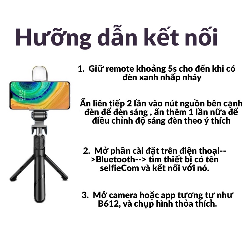 Gậy chụp ảnh tự sướng bluetooth XT02S có đèn LED trợ sáng tích hợp live steam học online chân đế tripod 3 chức năng