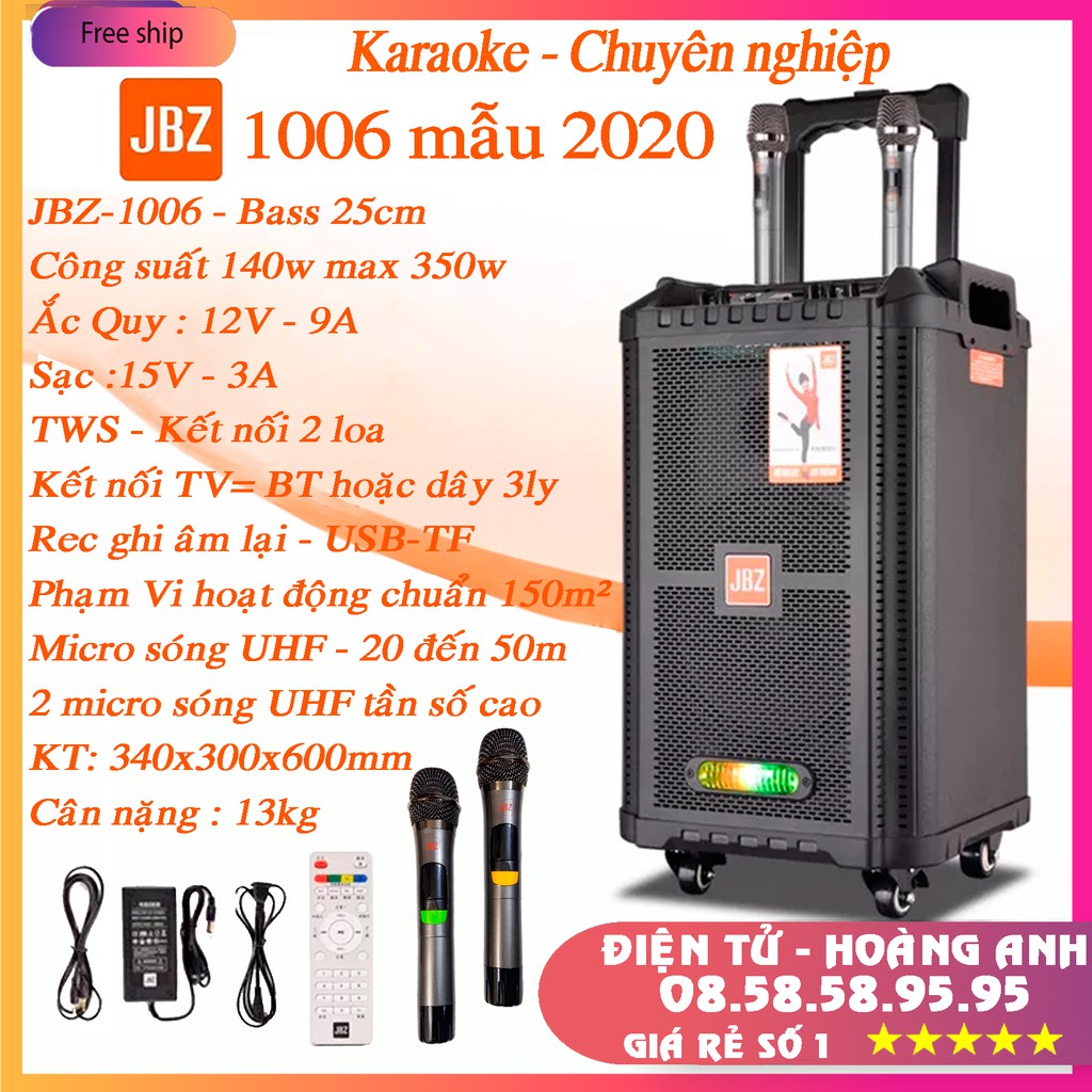 Loa kéo karaoke JBZ-NE-1006 / 0806 / 1206 (Loa 1006 Bass 25cm công suất 140w max 350w) tặng 2 Micro UHF- Kim loại