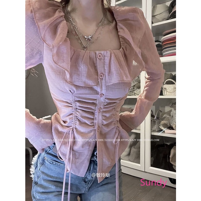 Áo Kiểu Tay Dài Cổ Vuông Phối Dây Rút Thời Trang Xuân Thu Quyến Rũ Cho Nữ
