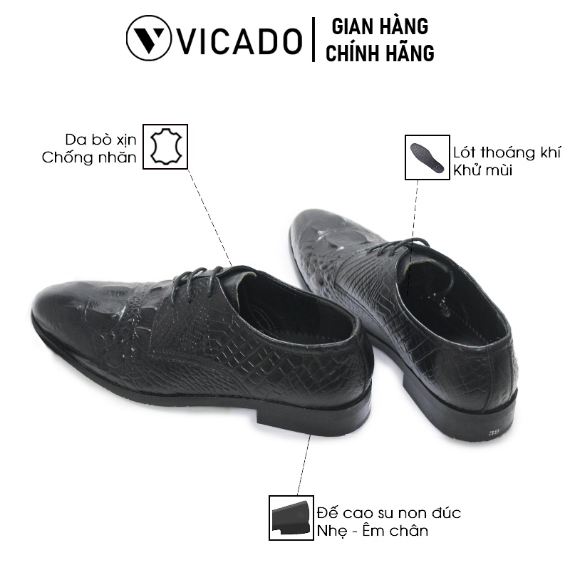 Giày tăng chiều cao nam da bò cao cấp công sở Oxford Vicado VA0021 màu đen buộc dây