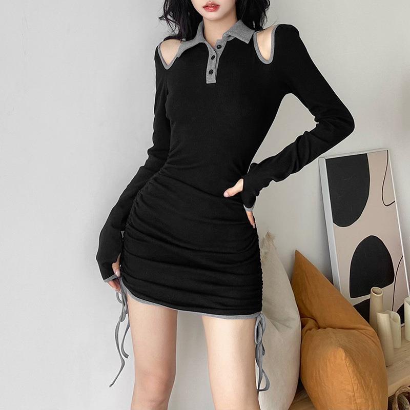 Đầm Tay Dài Cổ Polo Phối Dây Rút Xếp Ly Thời Trang Cho Nữ