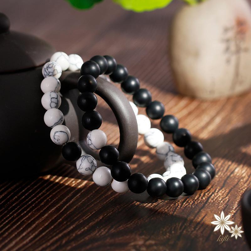 Set 2 Vòng Tay Chuỗi Hạt Đá Trắng Đen Tự Nhiên Cho Cặp Đôi