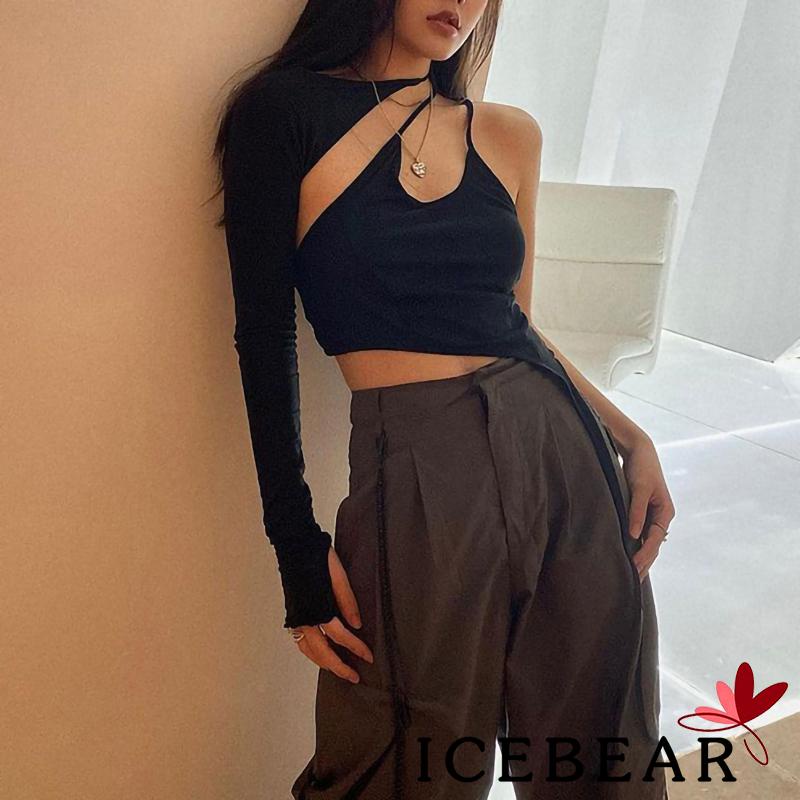 ICE-Women´s Camisole Solid Color Spaghetti Strap Short Vest with Single Long Sleeve