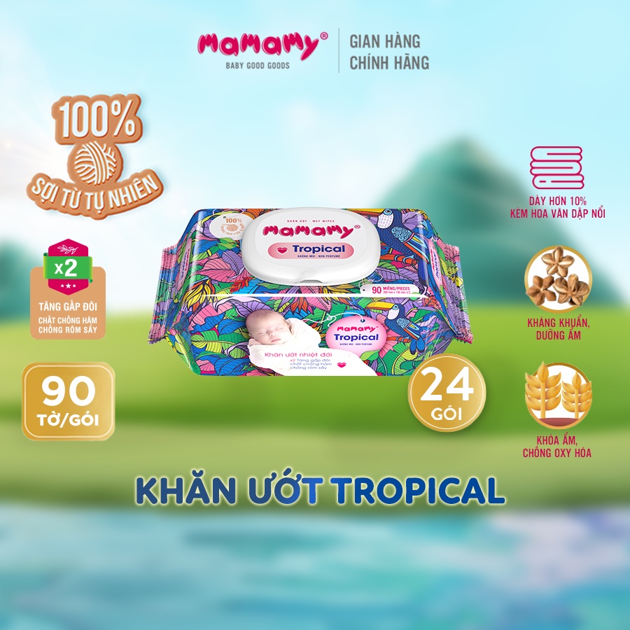 Combo 24 Khăn giấy ướt 100% sợi tự nhiên và rayon Mamamy Tropical Tinh dầu cúc vạn thọ/Không mùi 90 tờ