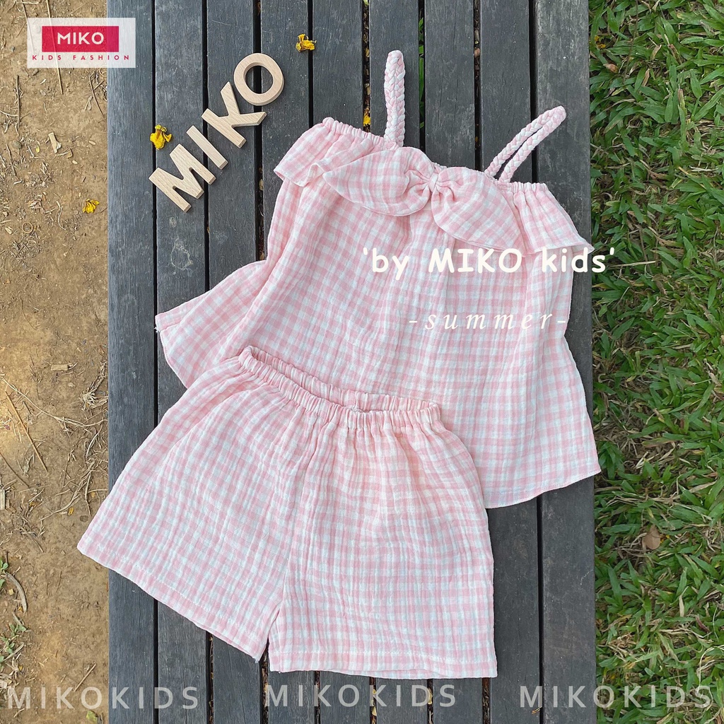 Đồ bộ bé gái MIKO caro hồng vải xô muslin mẫu ELVIS
