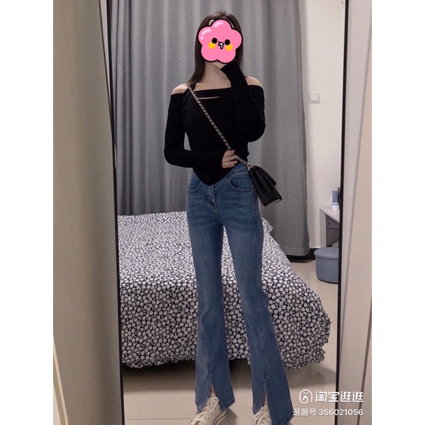 Quần jeans nữ ống loe xuông đứng cạp cao, quần bò xẻ gấu co dãn hàng cao cấp | WebRaoVat - webraovat.net.vn