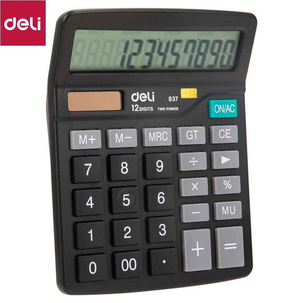 Máy tính để bàn, máy tính cầm tay 12 số Deli - thay pin AAA dễ dàng - E837