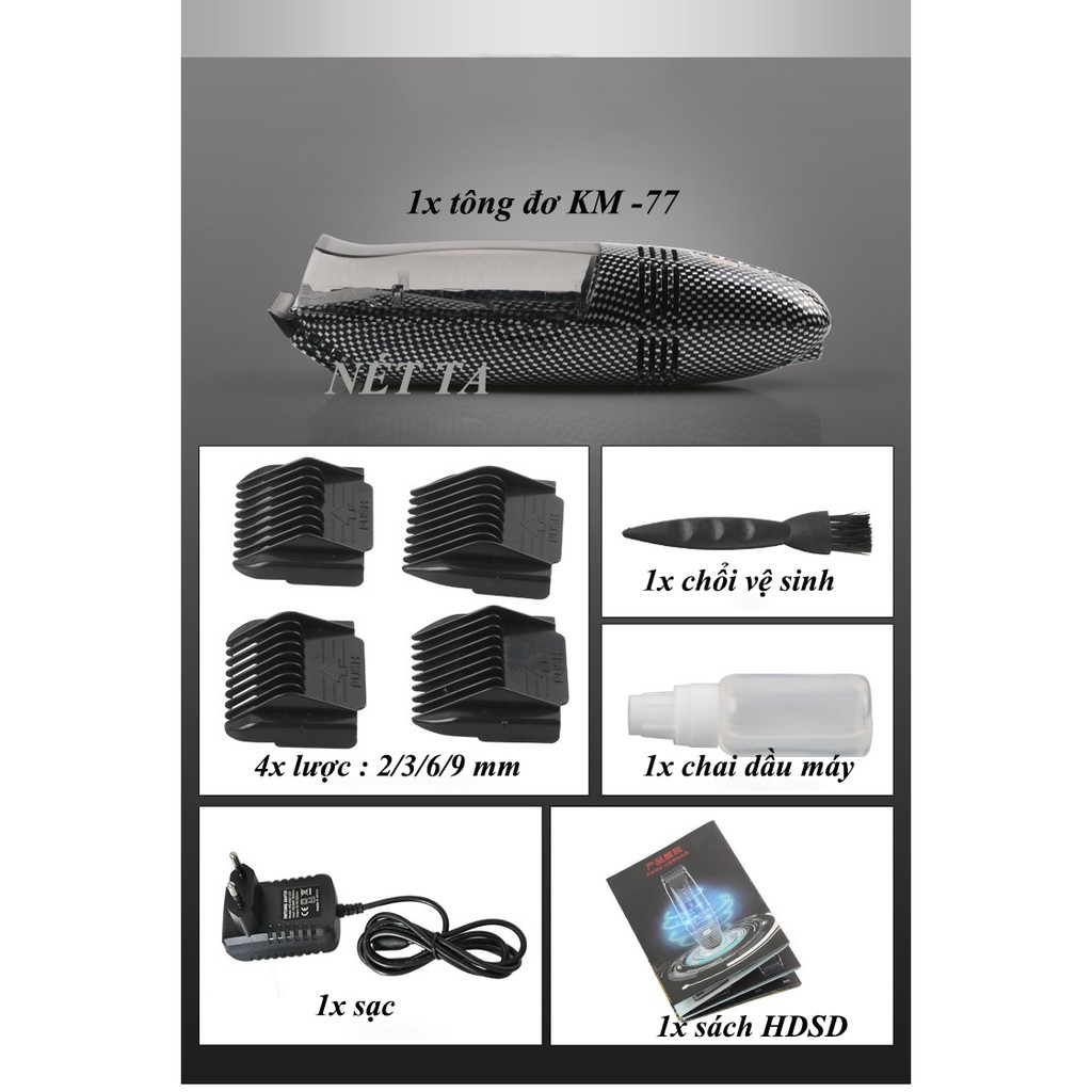 Tôngđơ cắt tóc gia đình và trẻ em không dây KEMEI KM-77 sử dụng pin sạc tiện lợi, công nghệ hút mảnh vụn tóc thông minh
