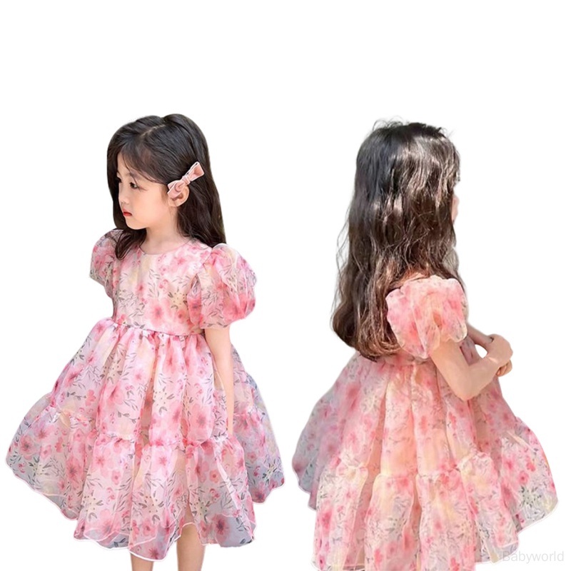 Đầm Tay Phồng Phối Lưới Họa Tiết Hoa Hồng Dễ Thương Thời Trang Mùa Hè Cho Bé Gái