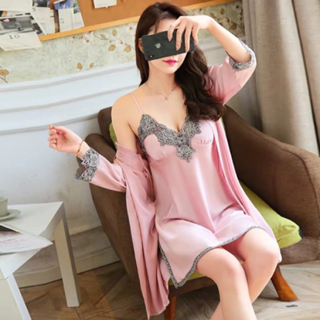 Váy ngủ quảng châu SX562-1 lụa satin phối ren kèm choàng cao cấp _Kubull | BigBuy360 - bigbuy360.vn