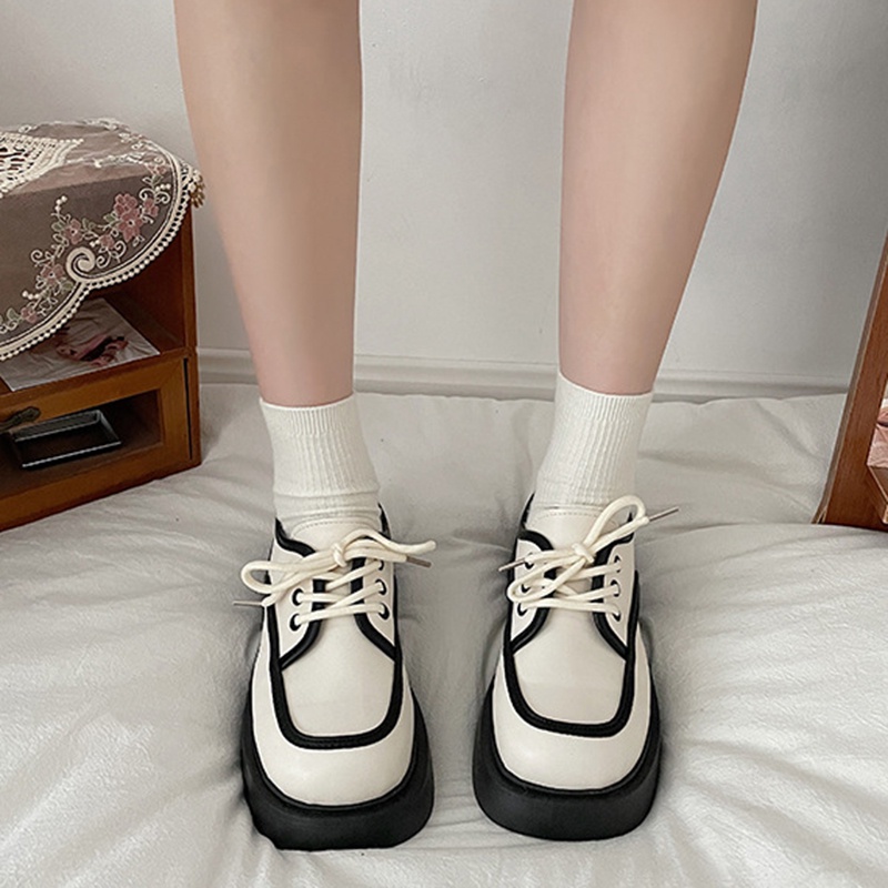 Giày Da Mũi Vuông Đế Dày Buộc Dây Kiểu retro Anh Dễ Thương Cho Nữ