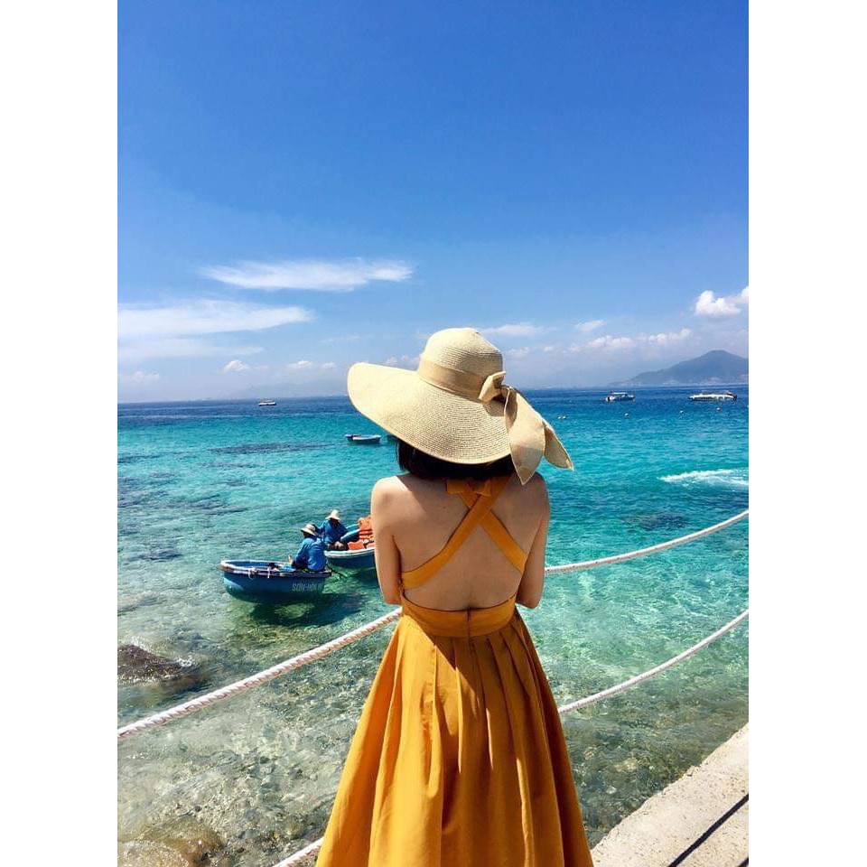 Váy/Đầm Maxi Đi Biển Dáng Xòe Hở Lưng, Màu Vàng Rực Rỡ, Tùng Xòe Đan Dây Thắt Nơ Xinh Xắn | BigBuy360 - bigbuy360.vn