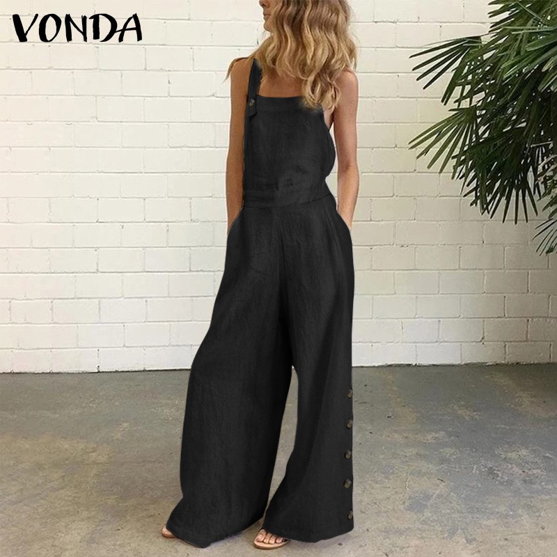 Bộ áo liền quần hai dây Vonda có túi ống quần rộng thời trang mùa hè cho nữ
