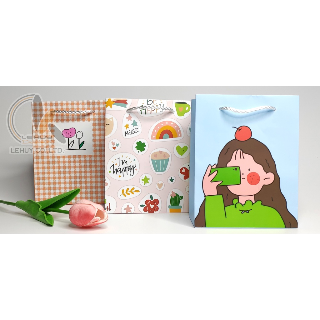 10 Túi giấy nhỏ đựng quà  caro cam KT 12.5X16X6 CM