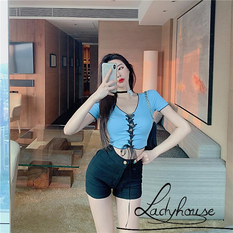 Áo thun croptop tay ngắn cổ chữ V màu sắc đơn giản dành cho nữ