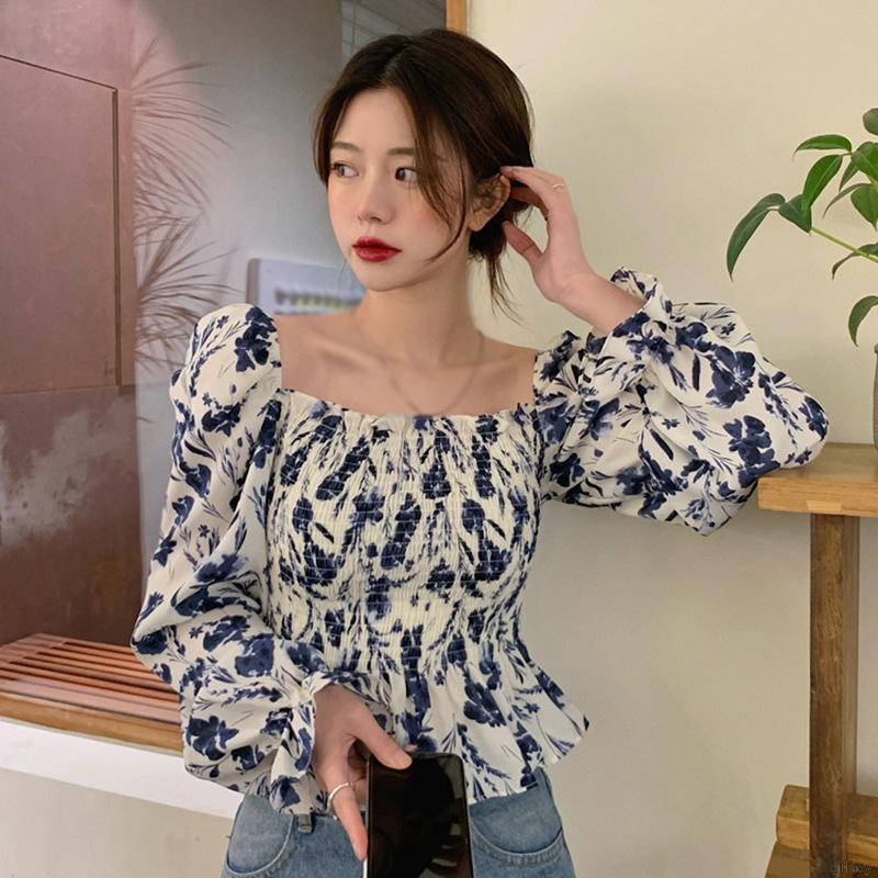 Áo Sơ Mi Chiffon Tay Dài Cổ Vuông In Họa Tiết Hoa Phong Cách Hàn Quốc Cho Nữ