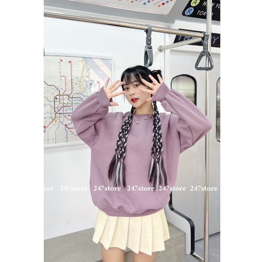 Áo sweater nỉ bông trơn dáng rộng mã 876