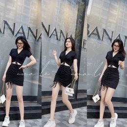 Sét bộ áo croptop cổ V rút dây giữa phối chân váy rút bên cực xinh , chất thun bozip mềm mịn