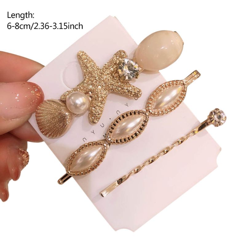 Set 3 Kẹp Tóc Kim Loại Hình Sao Biển Đính Ngọc Trai Nhân Tạo Thời Trang