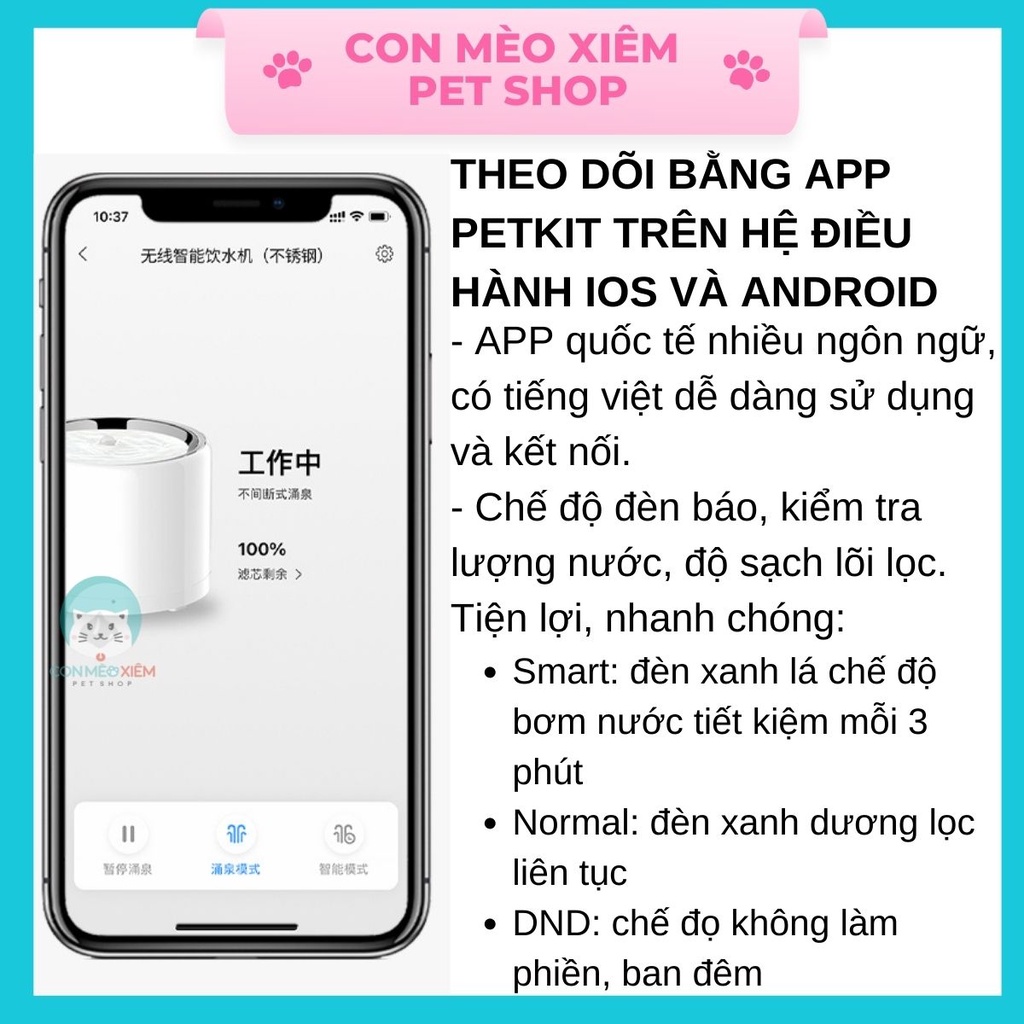 Máy lọc nước cho chó mèo Petkit 6 kết nối app đế sạc không dây 1.8L, đài phun nước tự động thú cưng Con Mèo Xiêm