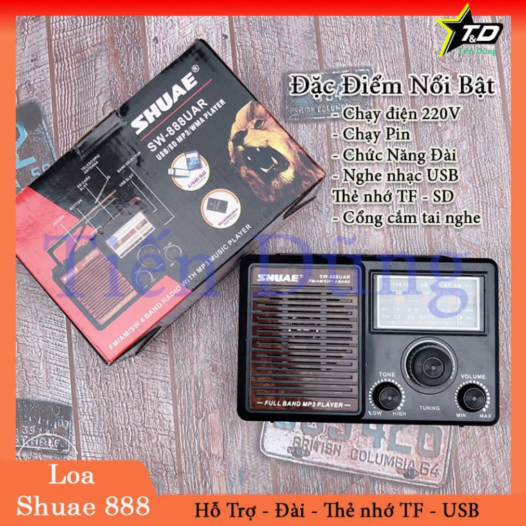 Loa nghe nhạc Shuae SW-888UAR hỗ trợ nghe USB thẻ nhớ TF , thẻ nhớ SD hay Đài FM radio SW 888 chạy điện 220v và pin đại