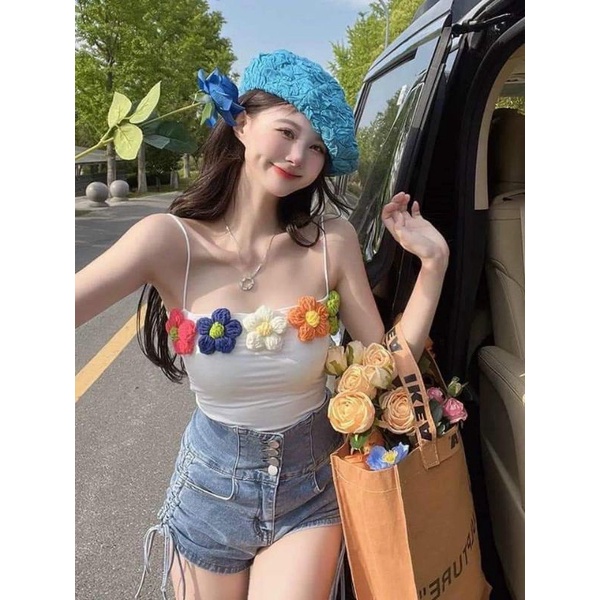 Áo croptop 2 dây phối hoa len móc (kèm ảnh thật)