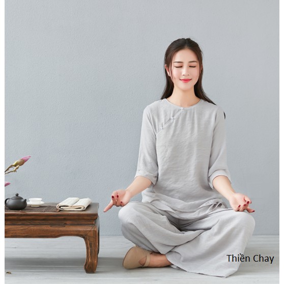 Quần áo đi chùa nữ, đồ lam ngồi thiền, tập yoga nữ cổ tròn vải tơ đũi mềm không nhăn cao cấp Thiền Chay