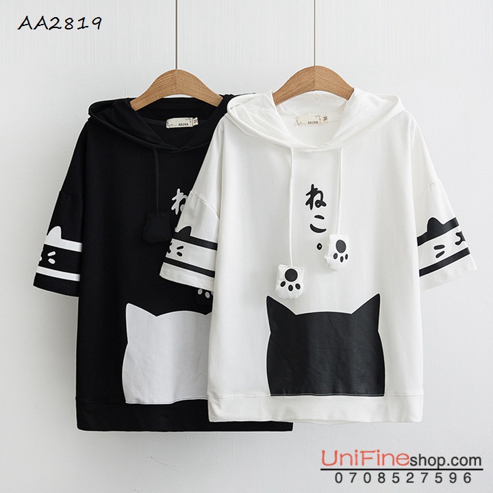 Áo thun nam nữ hình mèo có nón phía sau AA2819
