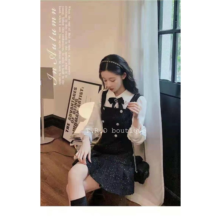 Sset yếm dạ_Váy dạ tweed, phối sơ mi kèm tag nơ