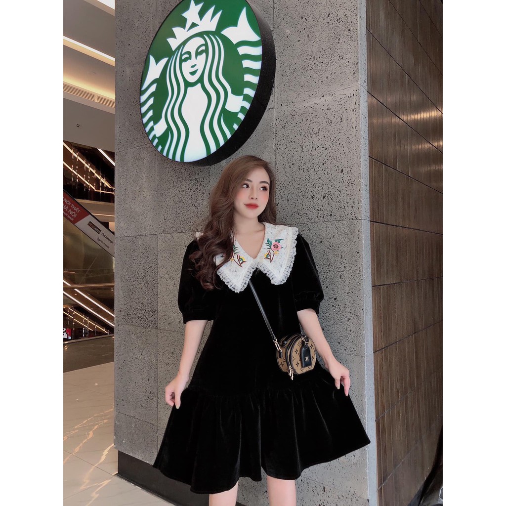 Váy Nhung Cổ Ren Thêu Hoa Y866 | BigBuy360 - bigbuy360.vn