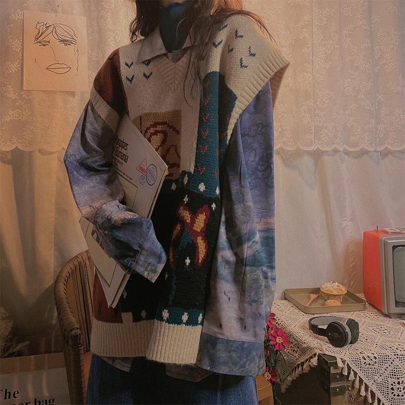 Bộ áo khoác dệt kim cổ chữ v dáng rộng in hình nhân vật mới xuân thu kiểu retro 2021