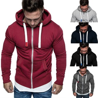 Áo khoác hoodie màu trơn phối khoá kéo cho nam
