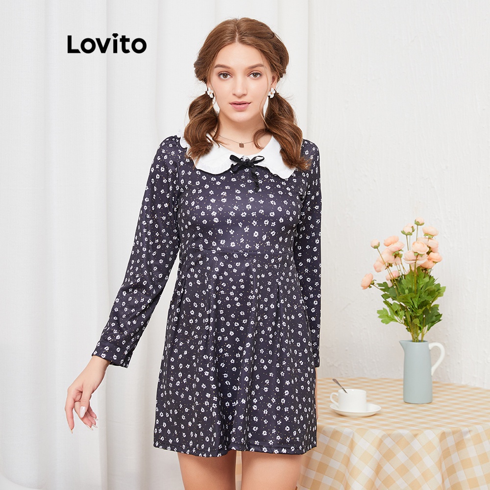 819 VN Delisted 7/27DelistĐầm Lovito cổ búp bê in họa tiết hoa xinh xắn L08009 (màu đen)