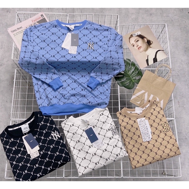 Áo nỉ sweater NY MLB diamond monogram thêu tay dài cổ tròn