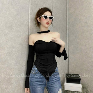 Áo trễ vai tay dài thun gân phối dây choker cổ hot trend