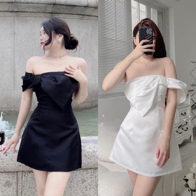 Đầm Form A nơ to ngực lệch bên 2 màu